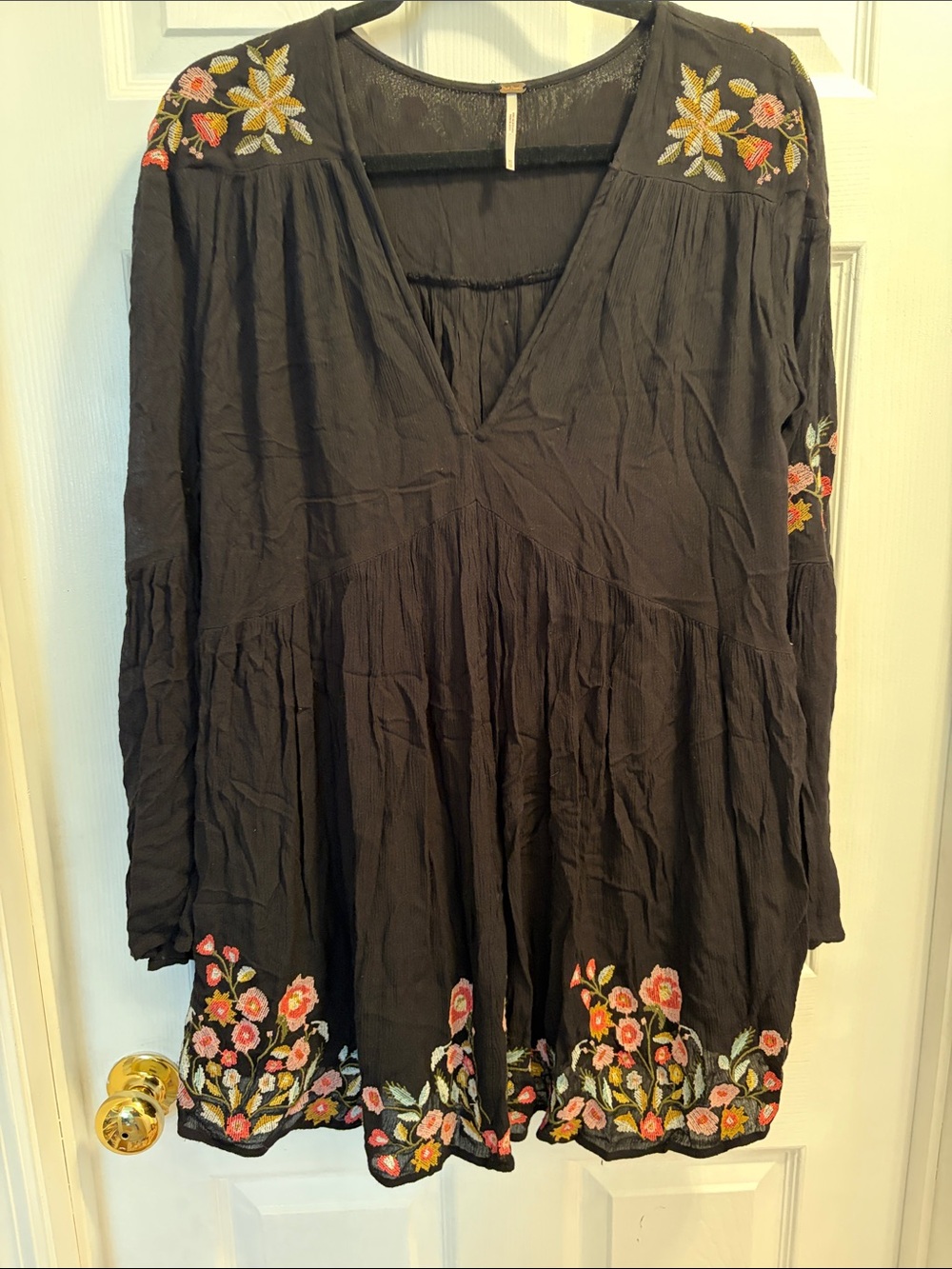 Free People Black Mini Dress with Pink & Yellow Floral Embroidery